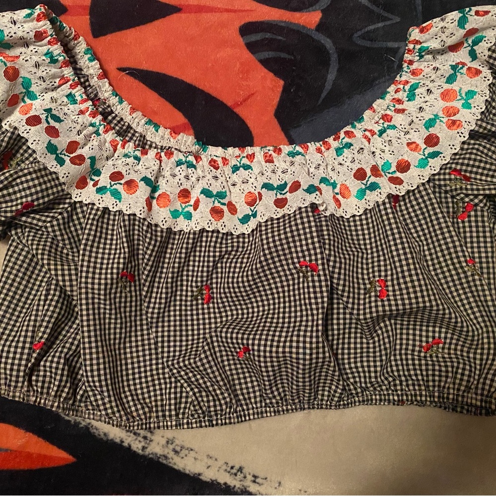 Retro Pinup Gingham Crop Peasant Top